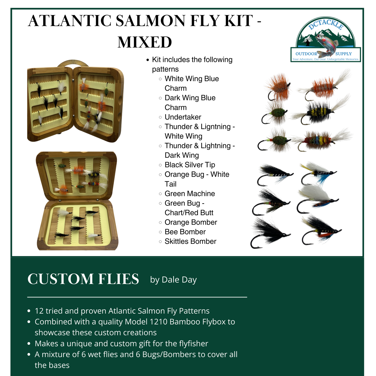 Fly Fishing Kit, Atlantic Salmon Flies, Mixed Wet Flies and Bugs & Bombers, with Bamboo Flybox - www.Shopthatapp.com