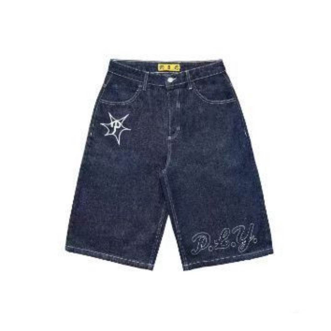 Full Embroidery Dark Blue Denim Shorts Men Jeans - www.Shopthatapp.com #