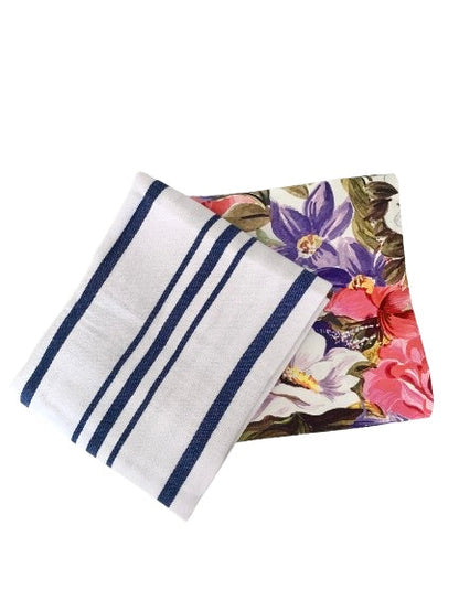 Lot de 2 torchons de cuisine Sure Grip à motif floral et rayures bleues, 100 % coton