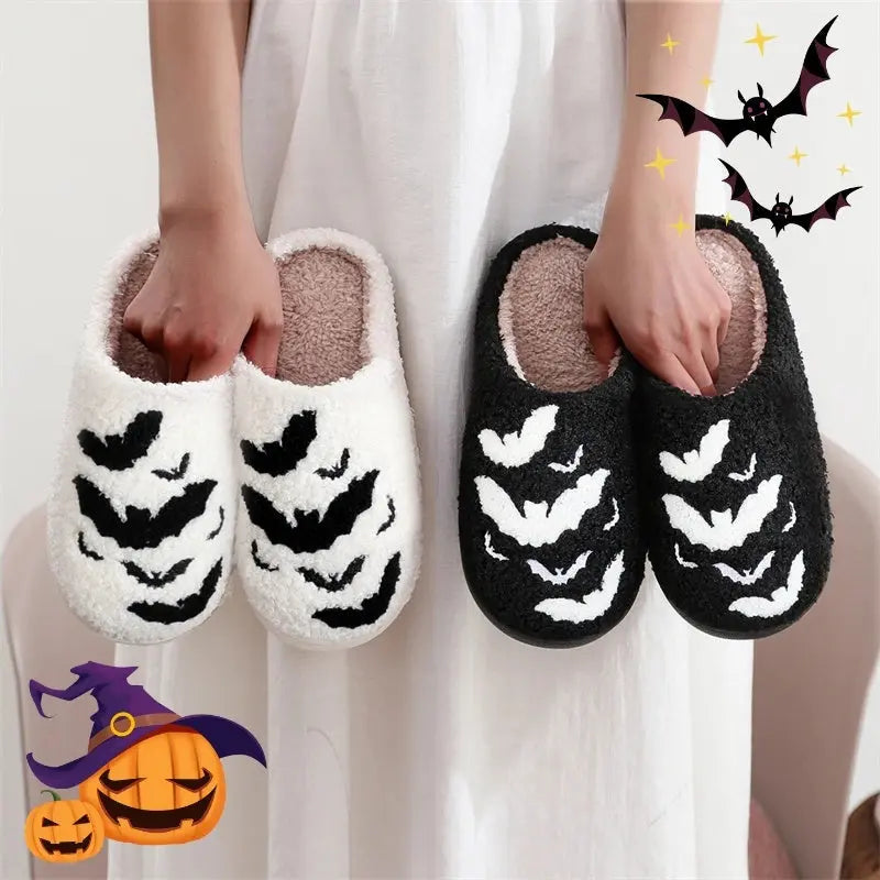 Funny Bat Slipper Halloween Pumpkin Flat Indoor House Shoes For Women Men Soft Plush Cozy Horror Fashion Halloween Gifts - www.Shopthatapp.com