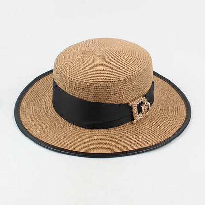 Panama Fashion Ladies Elegant Raffia Straw Hat Rhinestone Letters Vacation Travel High Quality Ladies Summer Topper Banquet Hat - www.Shopthatapp.com