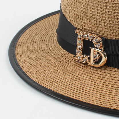 Panama Fashion Ladies Elegant Raffia Straw Hat Rhinestone Letters Vacation Travel High Quality Ladies Summer Topper Banquet Hat - www.Shopthatapp.com