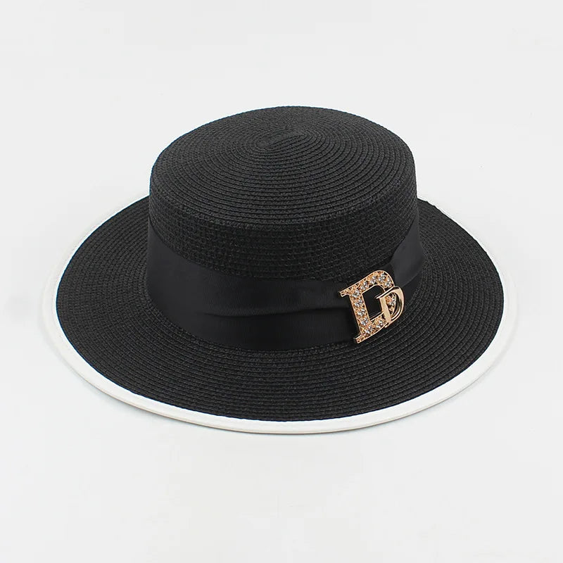 Panama Fashion Ladies Elegant Raffia Straw Hat Rhinestone Letters Vacation Travel High Quality Ladies Summer Topper Banquet Hat - www.Shopthatapp.com