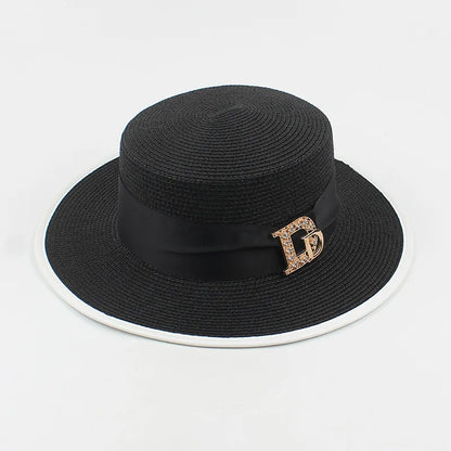 Panama Fashion Ladies Elegant Raffia Straw Hat Rhinestone Letters Vacation Travel High Quality Ladies Summer Topper Banquet Hat - www.Shopthatapp.com