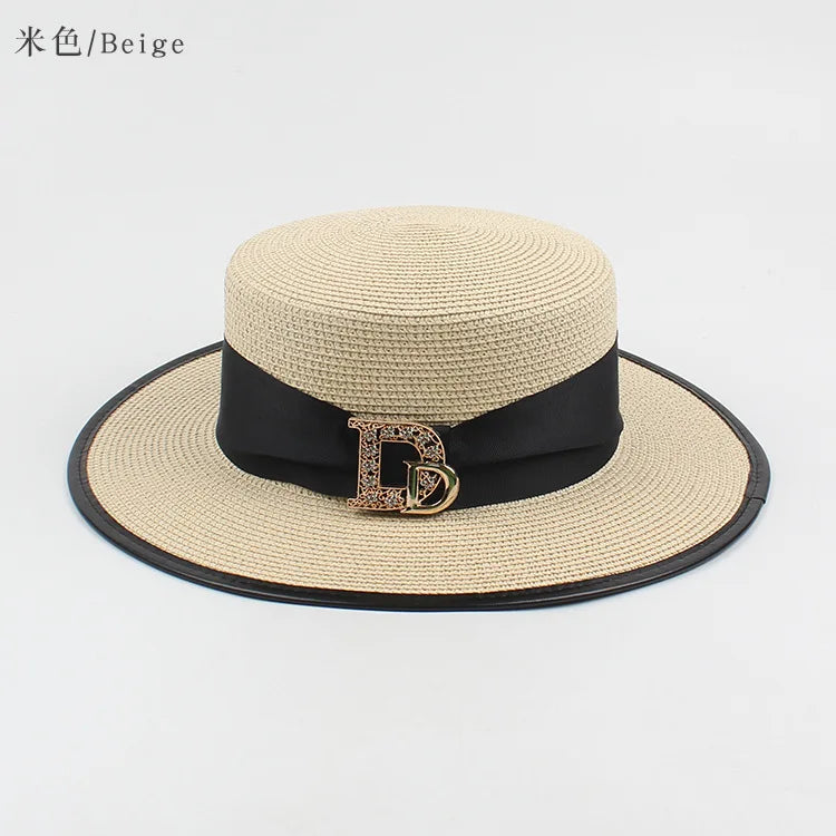 Panama Fashion Ladies Elegant Raffia Straw Hat Rhinestone Letters Vacation Travel High Quality Ladies Summer Topper Banquet Hat - www.Shopthatapp.com