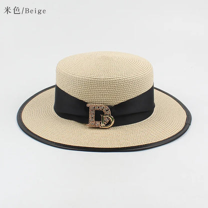 Panama Fashion Ladies Elegant Raffia Straw Hat Rhinestone Letters Vacation Travel High Quality Ladies Summer Topper Banquet Hat - www.Shopthatapp.com