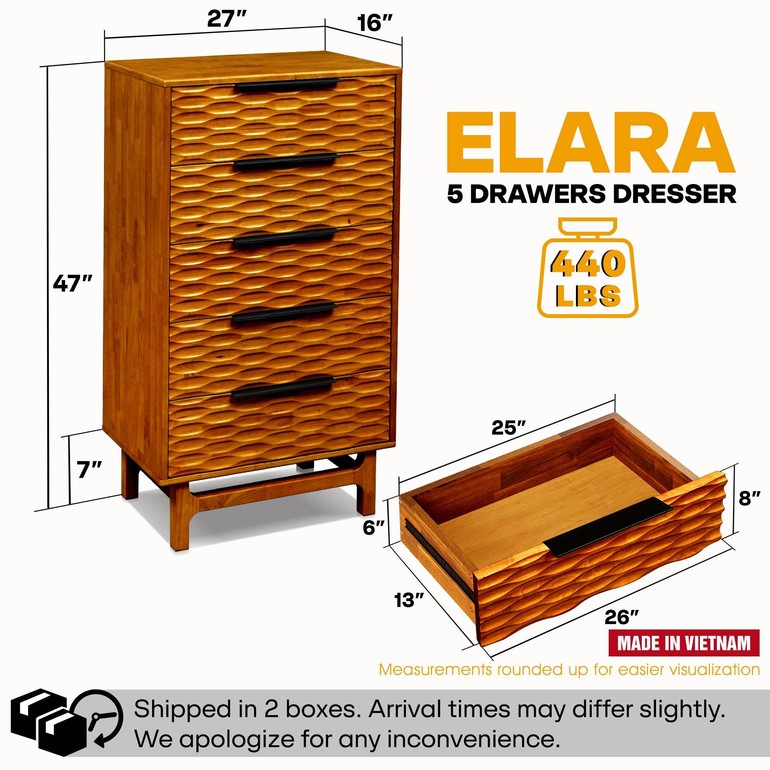 Elara Solid Wood 5-Drawer Dresser - www.Shopthatapp.com