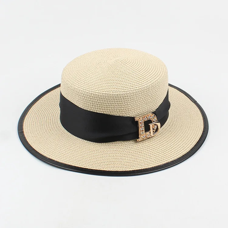 Panama Fashion Ladies Elegant Raffia Straw Hat Rhinestone Letters Vacation Travel High Quality Ladies Summer Topper Banquet Hat - www.Shopthatapp.com