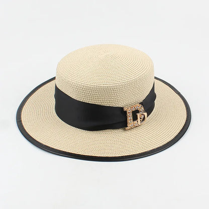 Panama Fashion Ladies Elegant Raffia Straw Hat Rhinestone Letters Vacation Travel High Quality Ladies Summer Topper Banquet Hat - www.Shopthatapp.com