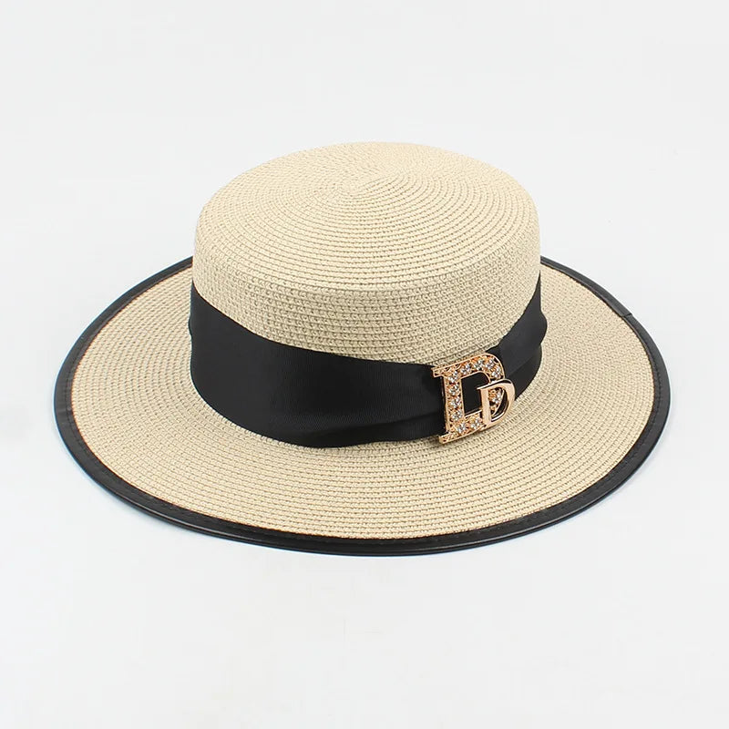 Panama Fashion Ladies Elegant Raffia Straw Hat Rhinestone Letters Vacation Travel High Quality Ladies Summer Topper Banquet Hat - www.Shopthatapp.com