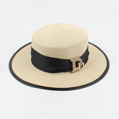 Panama Fashion Ladies Elegant Raffia Straw Hat Rhinestone Letters Vacation Travel High Quality Ladies Summer Topper Banquet Hat - www.Shopthatapp.com