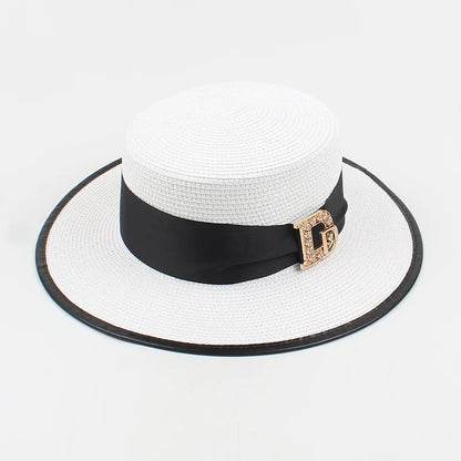 Panama Fashion Ladies Elegant Raffia Straw Hat Rhinestone Letters Vacation Travel High Quality Ladies Summer Topper Banquet Hat - www.Shopthatapp.com