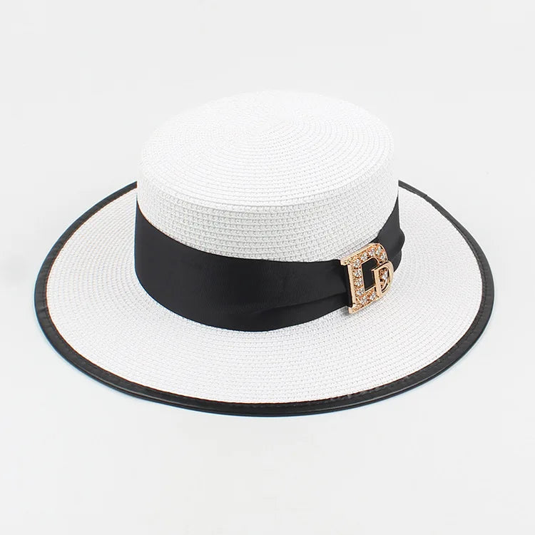 Panama Fashion Ladies Elegant Raffia Straw Hat Rhinestone Letters Vacation Travel High Quality Ladies Summer Topper Banquet Hat - www.Shopthatapp.com