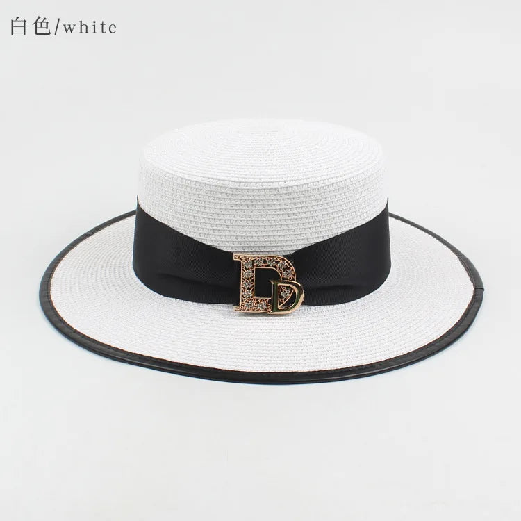 Panama Fashion Ladies Elegant Raffia Straw Hat Rhinestone Letters Vacation Travel High Quality Ladies Summer Topper Banquet Hat - www.Shopthatapp.com
