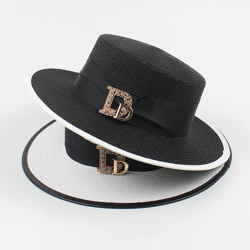 Panama Fashion Ladies Elegant Raffia Straw Hat Rhinestone Letters Vacation Travel High Quality Ladies Summer Topper Banquet Hat - www.Shopthatapp.com