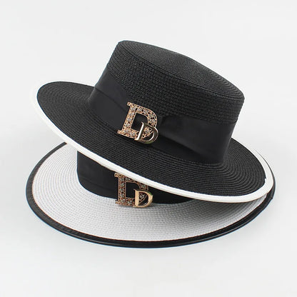 Panama Fashion Ladies Elegant Raffia Straw Hat Rhinestone Letters Vacation Travel High Quality Ladies Summer Topper Banquet Hat - www.Shopthatapp.com