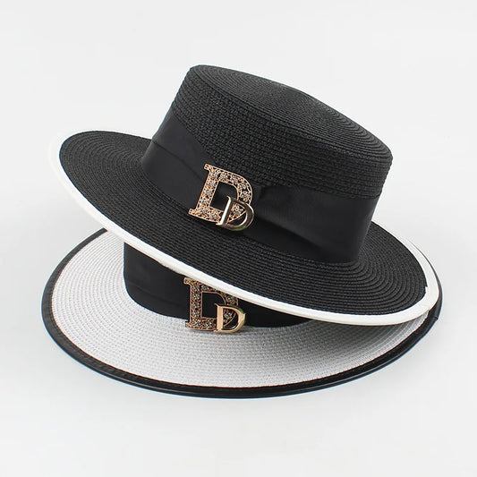 Panama Fashion Ladies Elegant Raffia Straw Hat Rhinestone Letters Vacation Travel High Quality Ladies Summer Topper Banquet Hat - www.Shopthatapp.com