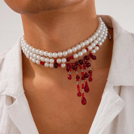 Halloween Blood Drop Tassel Pearl Crystal Necklace - www.Shopthatapp.com