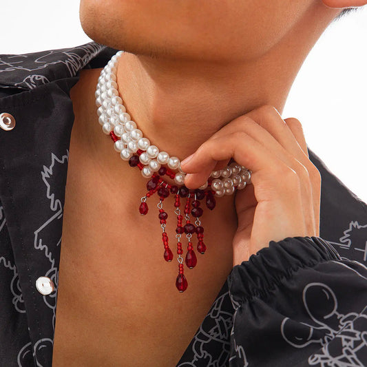 Halloween Blood Drop Tassel Pearl Crystal Necklace - www.Shopthatapp.com #