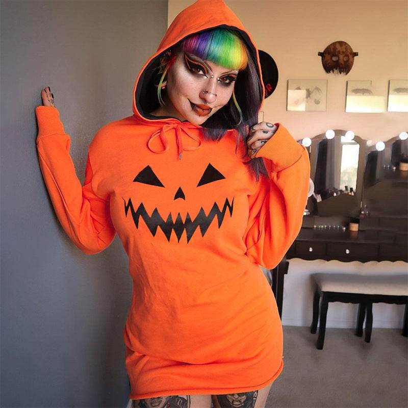 Halloween Costume Pumpkin Print Long Sleeve Hoodie Dress - www.Shopthatapp.com #