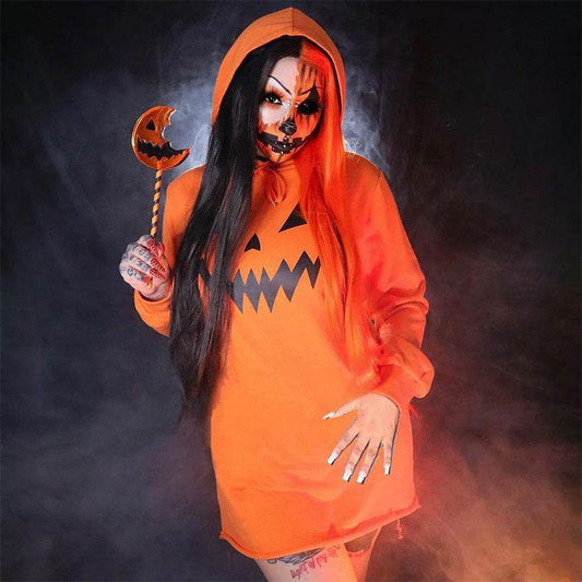 Halloween Costume Pumpkin Print Long Sleeve Hoodie Dress - www.Shopthatapp.com #
