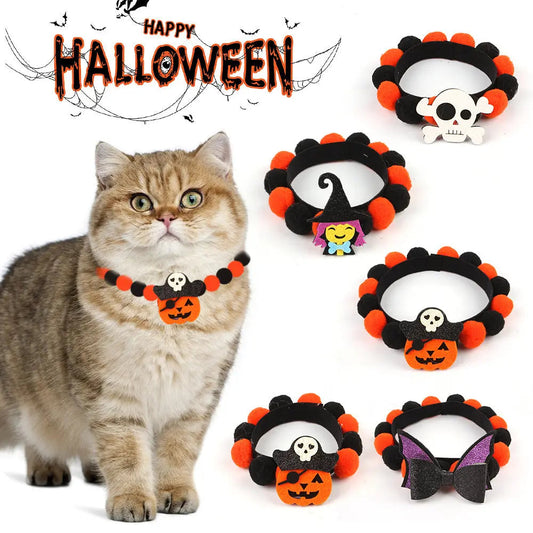 Halloween Pet Fur Ball Collar Pumpkin Accessories - www.Shopthatapp.com #