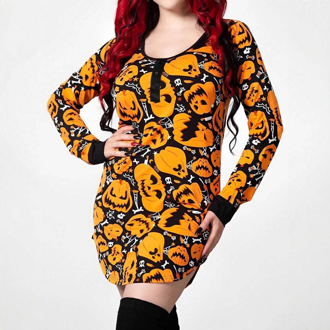 Halloween Printed Round Neck Long Sleeve Plus Size Dress - www.Shopthatapp.com #