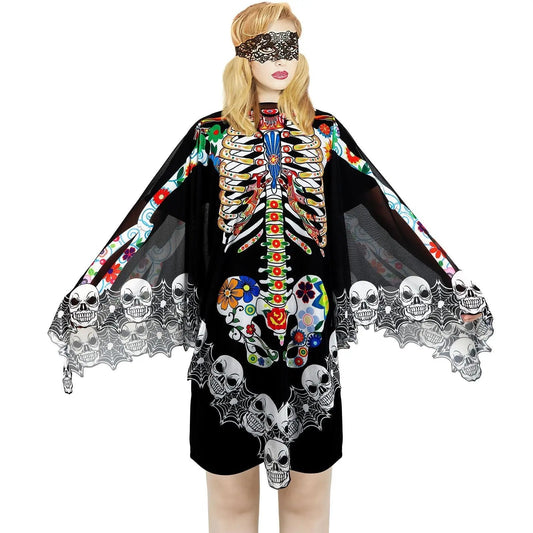 Halloween Skeleton Poncho, Lace Skeleton Halloween Costume Poncho Day Of The Dead Colorful Poncho For Women, 59 Inchx59 Inch-Cannot Be Listed On Amazon Platform - www.Shopthatapp.com