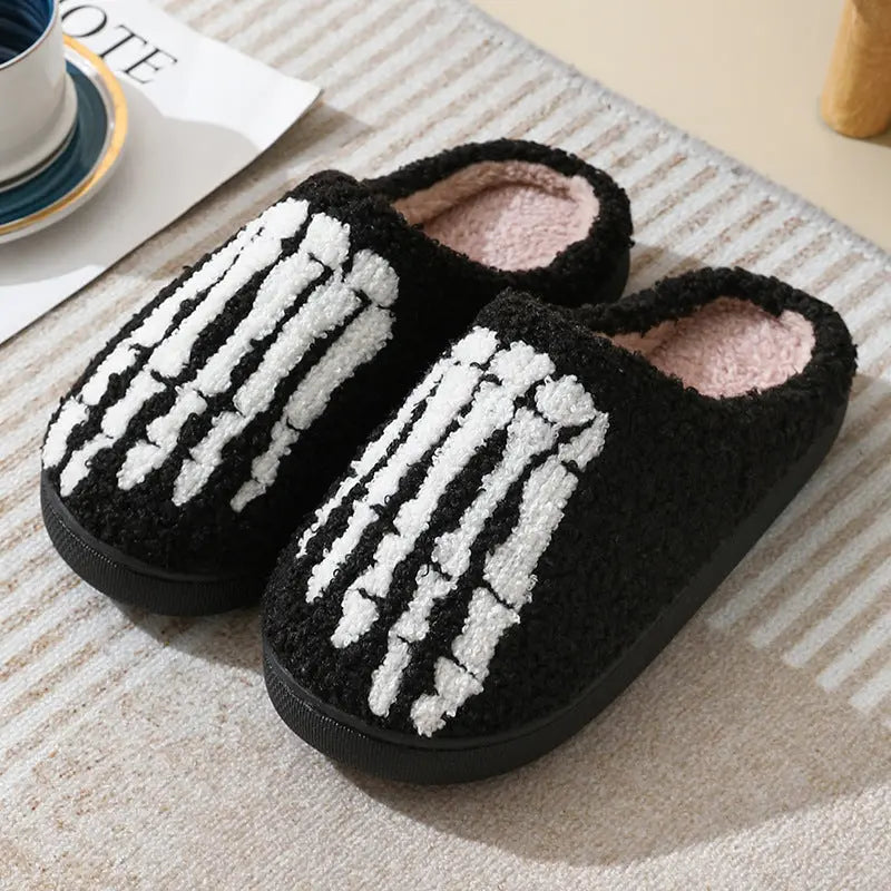 Halloween Skull Cartoon Print Slippers Warm Winter Slippers For Men Women Couple Home Shoes Indoor Cotton Slippers - www.Shopthatapp.com
