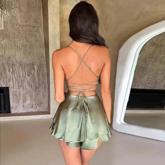 Halter Satin Summer Charming Backless Straps Temperament Elegant Celebrity Style Short Dress - www.Shopthatapp.com