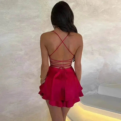 Halter Satin Summer Charming Backless Straps Temperament Elegant Celebrity Style Short Dress - www.Shopthatapp.com