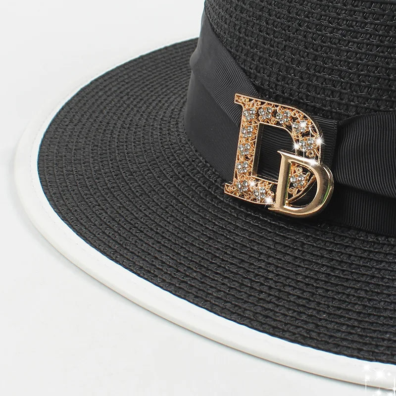 Panama Fashion Ladies Elegant Raffia Straw Hat Rhinestone Letters Vacation Travel High Quality Ladies Summer Topper Banquet Hat - www.Shopthatapp.com