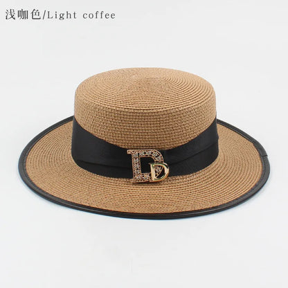 Panama Fashion Ladies Elegant Raffia Straw Hat Rhinestone Letters Vacation Travel High Quality Ladies Summer Topper Banquet Hat - www.Shopthatapp.com