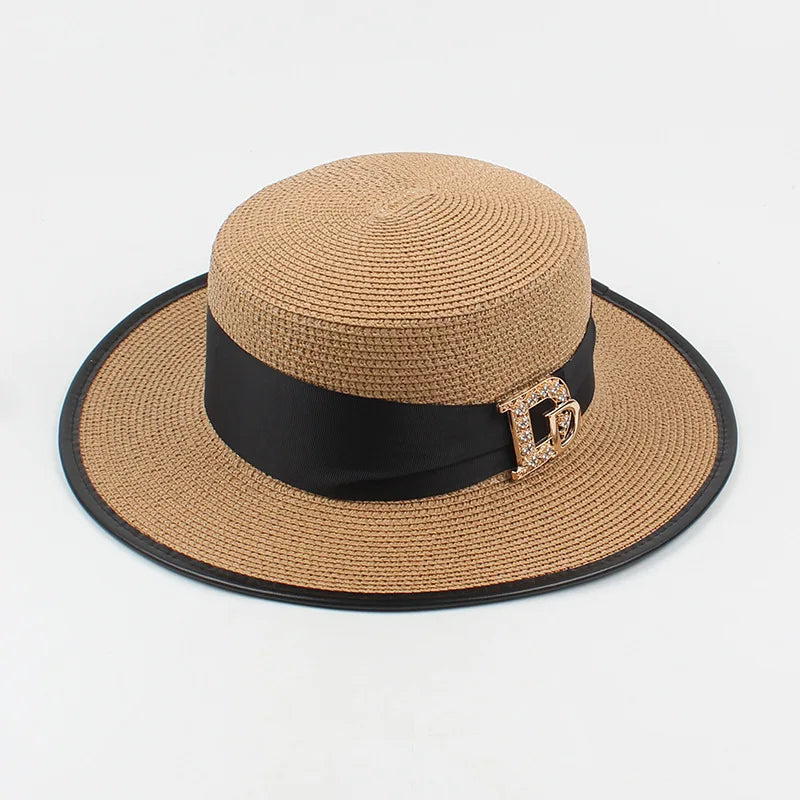 Panama Fashion Ladies Elegant Raffia Straw Hat Rhinestone Letters Vacation Travel High Quality Ladies Summer Topper Banquet Hat - www.Shopthatapp.com