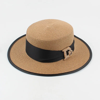 Panama Fashion Ladies Elegant Raffia Straw Hat Rhinestone Letters Vacation Travel High Quality Ladies Summer Topper Banquet Hat - www.Shopthatapp.com