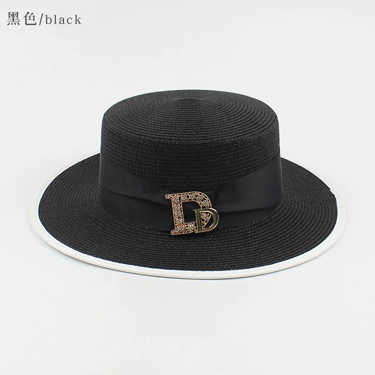 Panama Fashion Ladies Elegant Raffia Straw Hat Rhinestone Letters Vacation Travel High Quality Ladies Summer Topper Banquet Hat - www.Shopthatapp.com