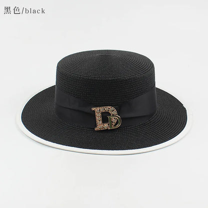Panama Fashion Ladies Elegant Raffia Straw Hat Rhinestone Letters Vacation Travel High Quality Ladies Summer Topper Banquet Hat - www.Shopthatapp.com