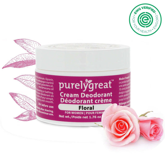 Floral Cream Deodorant for Women in jar with EWG VERIFIED label and roses.