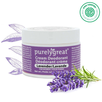 Lavender Cream Deodorant for Women in a recyclable container, surrounded by lavender flowers with EWG Verified seal.