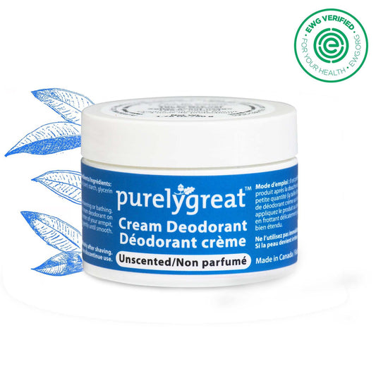 Unscented cream deodorant jar by purelygreat, EWG verified, natural long-lasting protection.