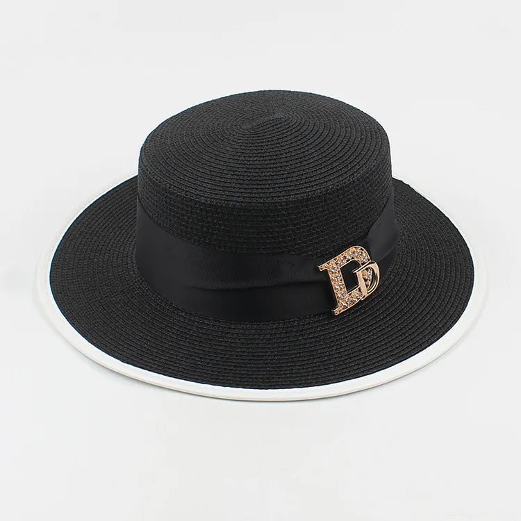Panama Fashion Ladies Elegant Raffia Straw Hat Rhinestone Letters Vacation Travel High Quality Ladies Summer Topper Banquet Hat - www.Shopthatapp.com