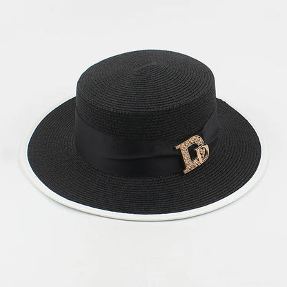 Panama Fashion Ladies Elegant Raffia Straw Hat Rhinestone Letters Vacation Travel High Quality Ladies Summer Topper Banquet Hat - www.Shopthatapp.com