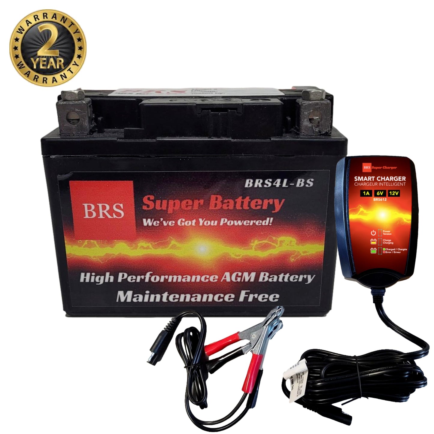 High Performance BRS4L-BS 2 Year Warranty & Smart Charger / Maintainer Combo Bundle Kit 12v Sealed AGM PowerSports Battery - www.Shopthatapp.com #