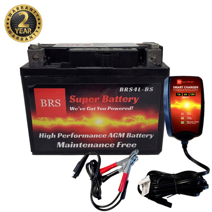 High Performance BRS4L-BS 2 Year Warranty & Smart Charger / Maintainer Combo Bundle Kit 12v Sealed AGM PowerSports Battery - www.Shopthatapp.com #