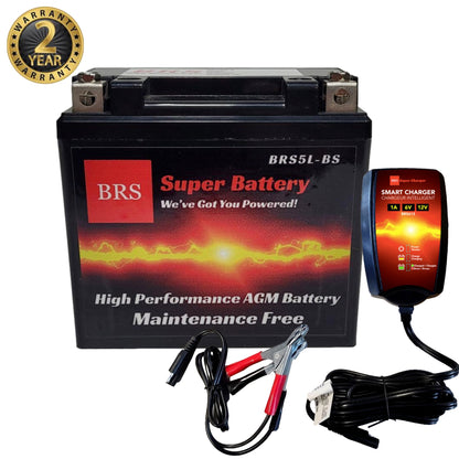 High Performance BRS5L-BS BS 2 Year Warranty & Smart Charger / Maintainer Combo Bundle Kit 12v Sealed AGM PowerSports Battery - www.Shopthatapp.com #