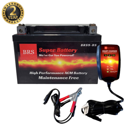 High Performance BRS9-BS 2 Year Warranty & Smart Charger / Maintainer Combo Bundle Kit 12v Sealed AGM PowerSports Battery - www.Shopthatapp.com #