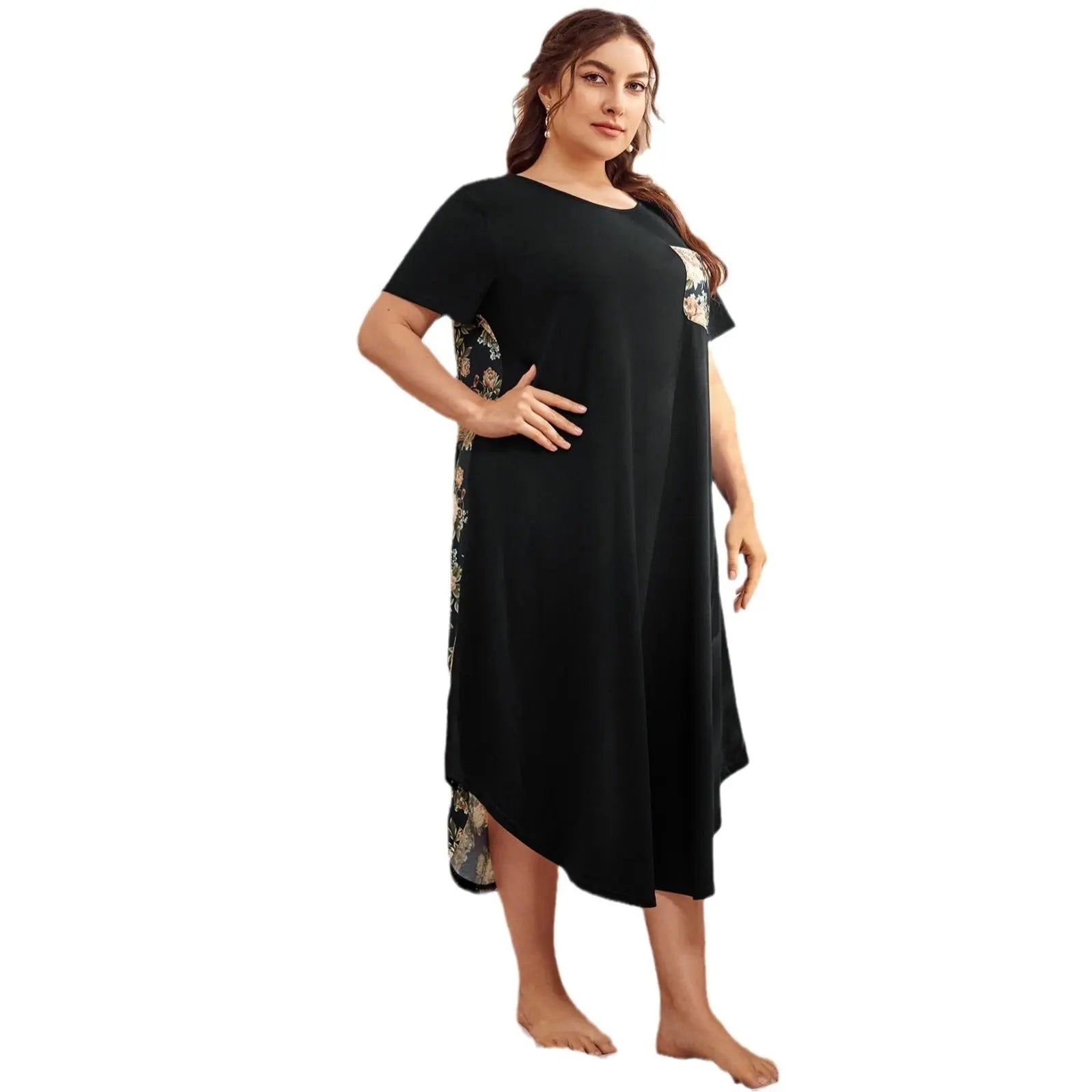 Homewear Pajamas Short-sleeved Printing Stitching Contrast Color Plus-sized Home Nightdress For Women - www.Shopthatapp.com