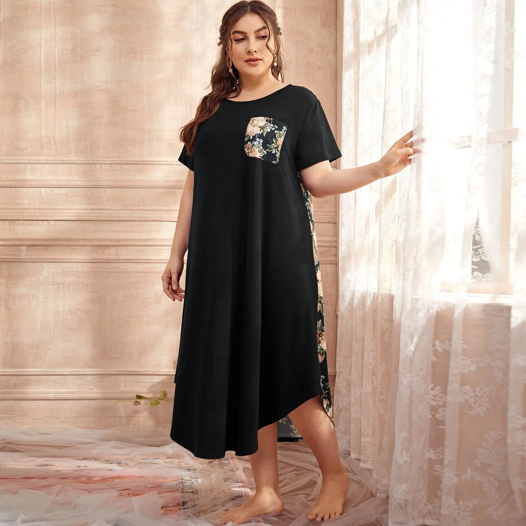Homewear Pajamas Short-sleeved Printing Stitching Contrast Color Plus-sized Home Nightdress For Women - www.Shopthatapp.com