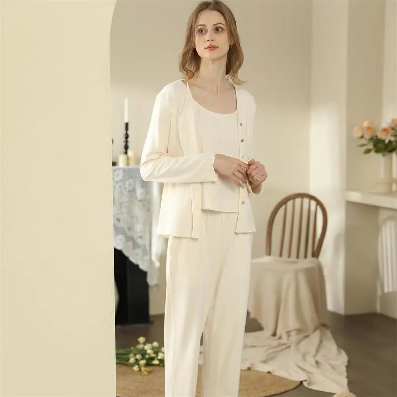 Homewear With Braces Cardigan French Style Three-piece Pajamas For Women - www.Shopthatapp.com