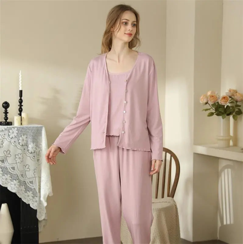Homewear With Braces Cardigan French Style Three-piece Pajamas For Women - www.Shopthatapp.com